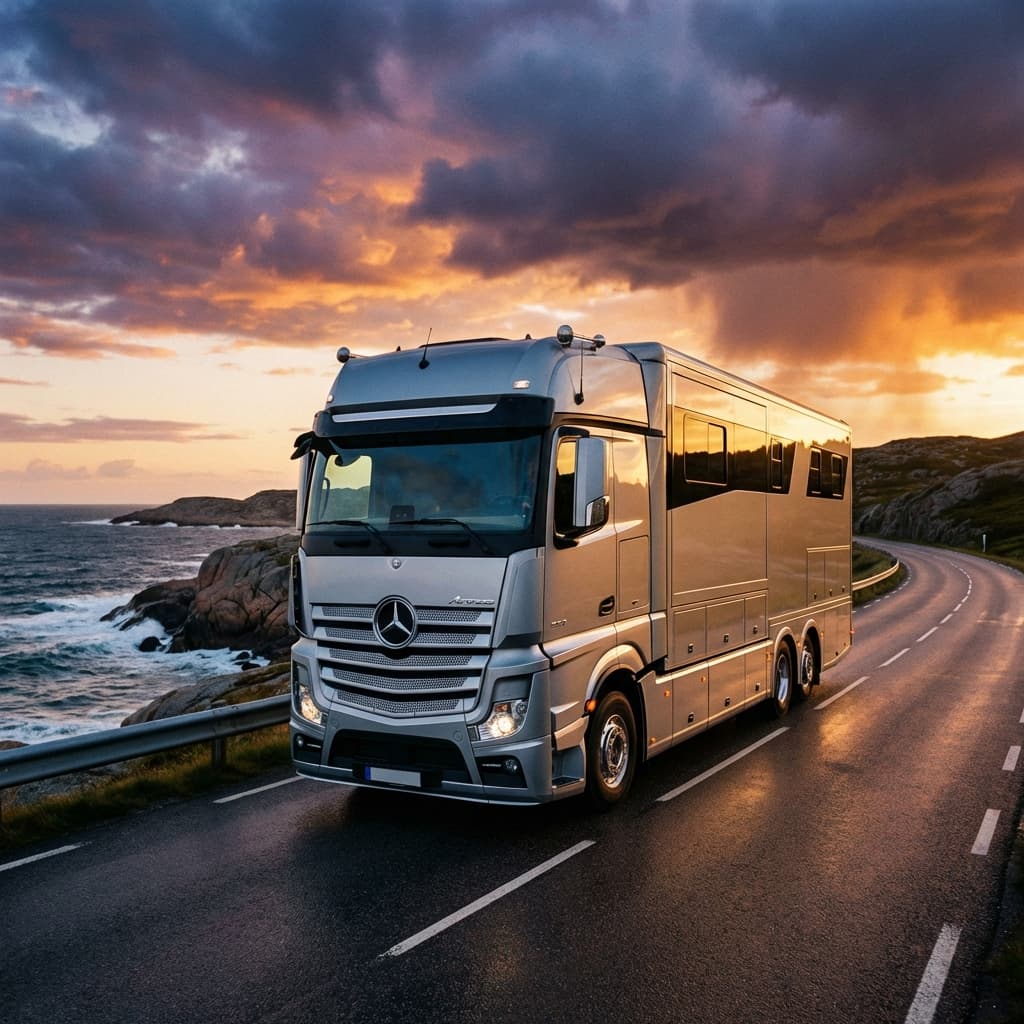 Silverfärgad hästtransport längs kustväg i solnedgång – regler och tillstånd i Sverige.