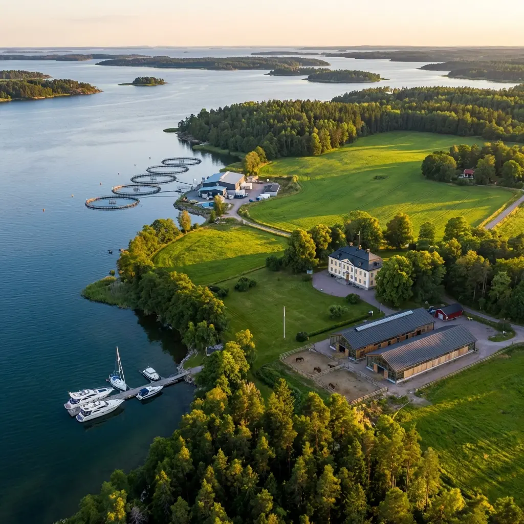 Flygbild över en hästgård vid vattnet med herrgård, stall och betesmarker.