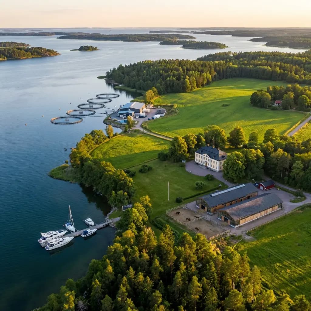 Flyv over en hestefarm pat vandet med herregård, stald og græs.